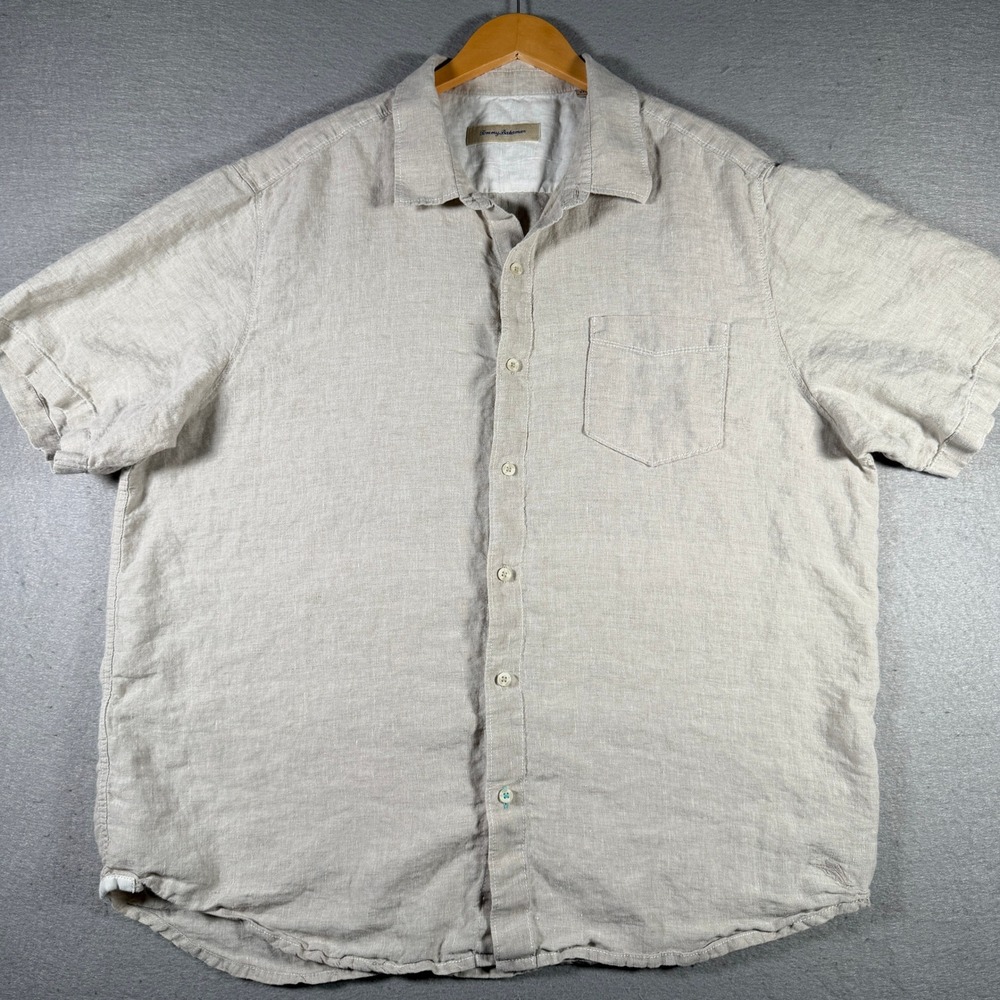 Tommy Bahama Mens XXL Linen Short‎ Sleeve Button Down Shirt Beige Oatmeal 12793